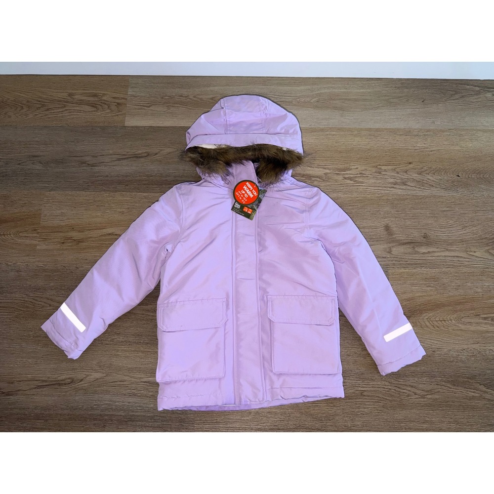 Girls Parka Jacket Lavender Purple Winter Coat Faux Fur Hood XS 4/5